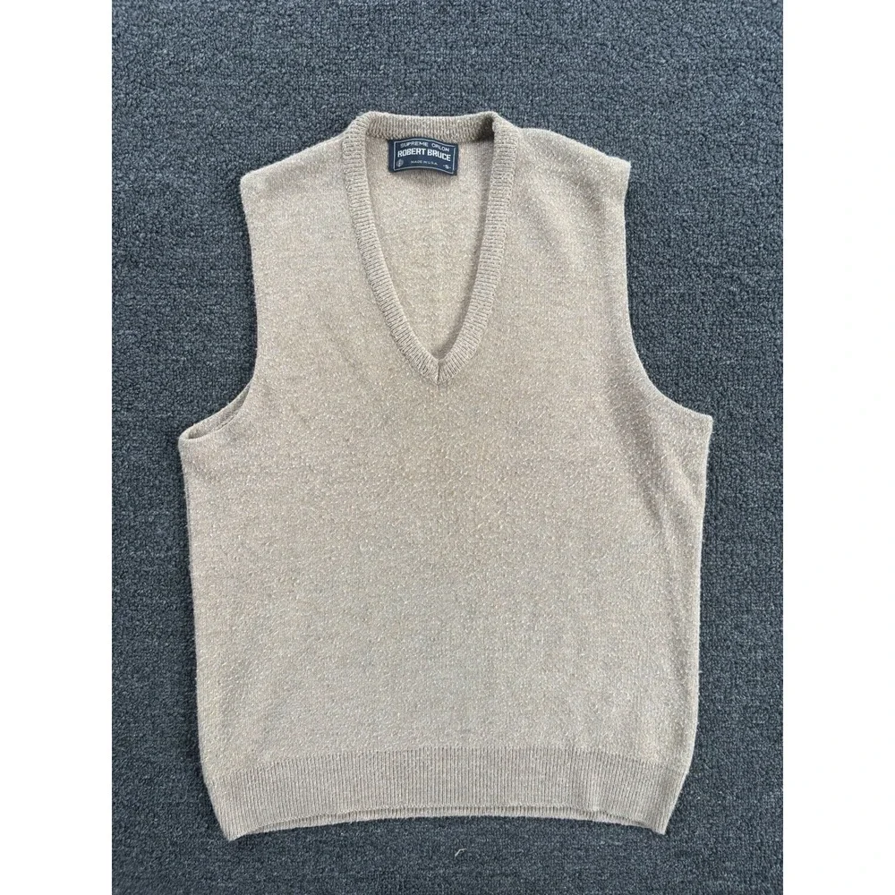 Vintage Robert Bruce Sweater Vest Size S Tan Knit V-Neck Made in USA